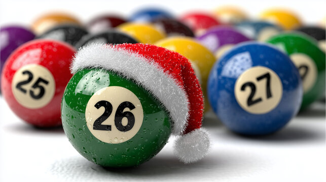 Green lottery ball 26 with Santa hat among colorful balls
