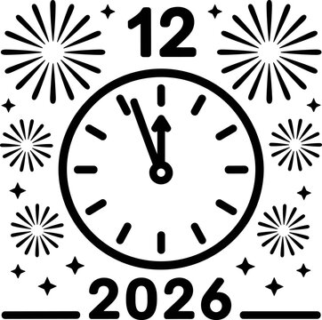 Happy New Year 2026 Celebration Clock with Fireworks and Festive Sparkles Marking Midnight Countdown Celebration