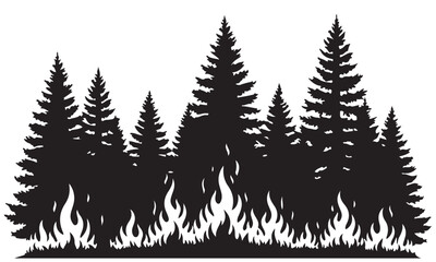 Obraz premium Black Silhouette of Coniferous Forest Fire with Flames