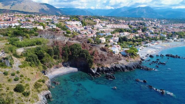 Stunning Aerial View of a Coastal Town With Beaches and Clear Blue Waters in Summer. Scalea, Calabria, Italy.