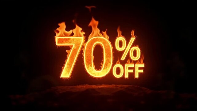 Fiery 70% off discount symbol blazing with heat, representing a hot sale or special offer.