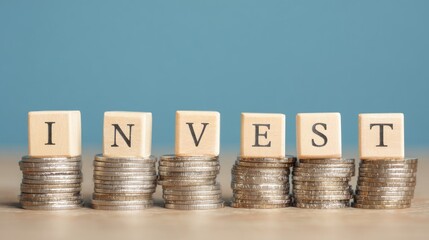 Coins stacked with wooden blocks spelling "INVEST" against a blue background.