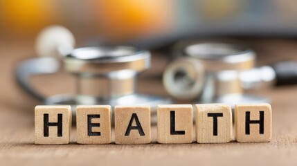 Wooden blocks spelling health with a stethoscope in the background on a table.