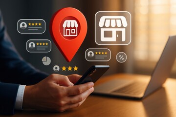 Smartphone showing local store reviews and ratings with red map pin and digital business icons
