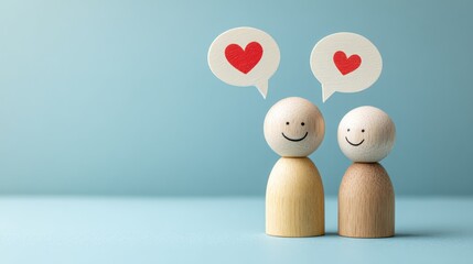 Two wooden figures with smiling faces and heart speech bubbles on blue background.