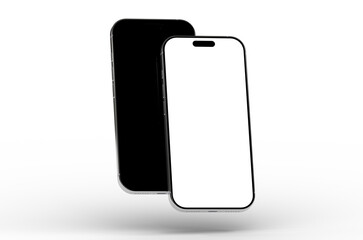 High-quality mockup of two smartphones, one with a blank white screen and the other with a black screen, perfect for app presentations or website designs.