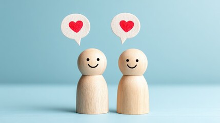 Two wooden figures with heart thought bubbles against a light blue background.