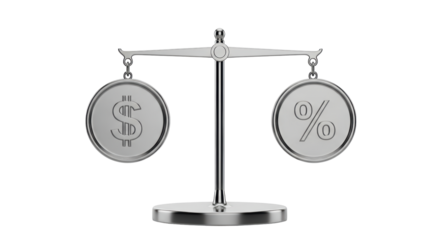 Isolated balance scale showing money dollar and percentage rate symbols for finance