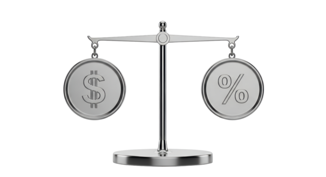 Isolated balance scale showing money dollar and percentage rate symbols for finance