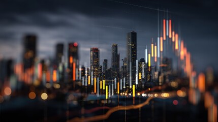 City skyline with overlaid stock market chart showing a downward trend.