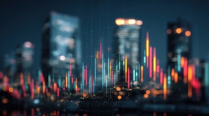 City skyline at night with blurred lights reflecting on water.