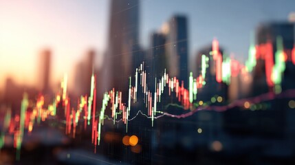 Stock market chart overlayed on a blurred cityscape at sunset or sunrise.