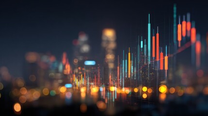Blurred financial stock market chart with candlestick graph in dark background.