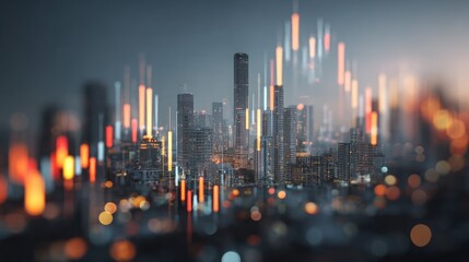 City skyline with financial chart overlayed representing stock market or economic data.