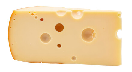 Isolated Swiss cheese block with holes close-up, yellow dairy product, food photography