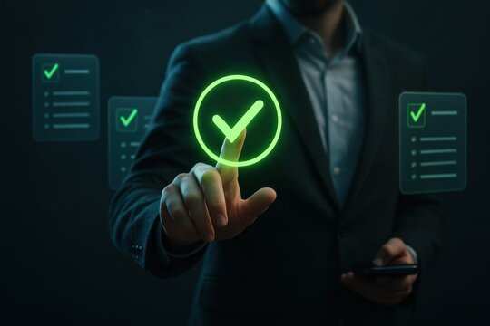Glowing green checkmark on transparent digital checklist interface with businessman verifying tasks
