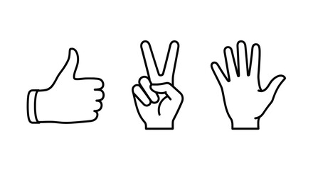 Hand gestures expressing approval, peace, and count five with clean, minimalist design for communication