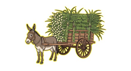 Donkey sugarcane cart illustration agriculture farm transport harvest rural