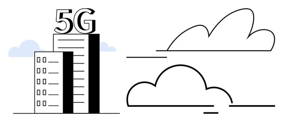 Modern building with 5G signage alongside abstract clouds. Ideal for communication, innovation, technology, wireless network, connectivity, mobile internet, and smart city. Simple flat metaphor