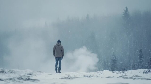 Lone Wanderer in the Misty Mountains: A solitary figure stands amidst a landscape of mist and snow, gazing toward a distant forest, evoking a sense of contemplation and solitude.