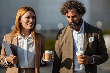 Business people walking and talking during coffee break outdoors