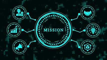 Mission concept with icons of business strategy, management, marketing, finance, and social media on a dark digital background futuristic and modern design. - Powered by Adobe