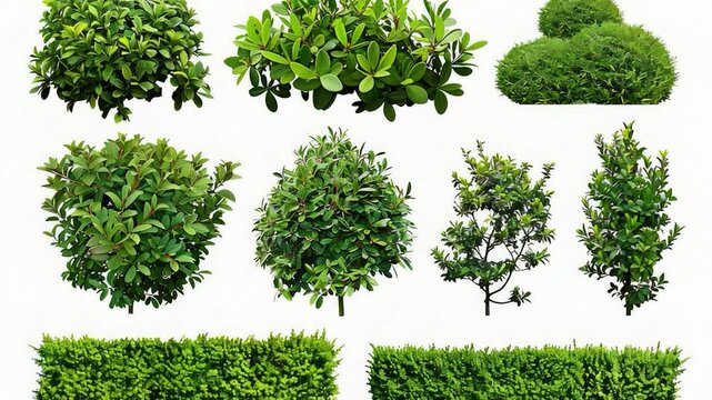 A collection of diverse plant species, including bushes and trees, ideal for use in illustrations, designs, or as a reference