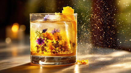 Sparkling floral cocktail in a low glass with citrus peel and large ice on a sunlit table in the foreground, golden bokeh droplets in the background, concept for beverage advertising