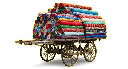 Rolls fabrics textiles colorful patterns cart transport market bazaar shop