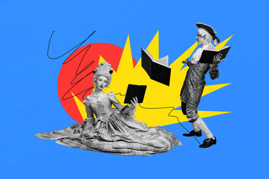 3d banner art pop trend collage of happy duchess duke girl guy hold book reader novel addiction bookworm library hobby baroque