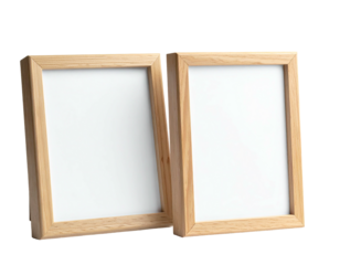 Two light-brown wooden picture frames, blank and facing slightly apart, on a white background