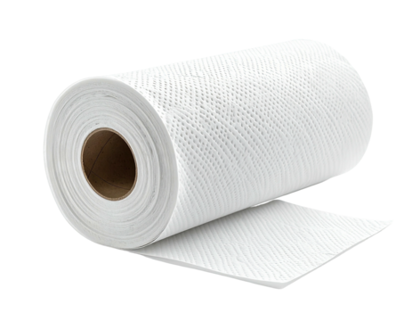 Rolled white paper towels,  a roll of absorbent paper product, lying diagonally, on a plain white background