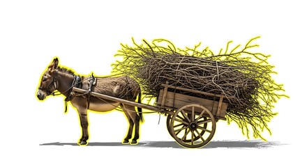 Isolated donkey animal cart wood wheel sticks transport burden rural farm