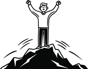Person standing on mountain top line art – success concept, arms raised, white background