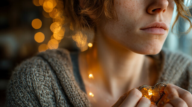 Woman holding a heart-shaped light with festive bokeh, cozy sweater, and fair skin. Warm and intimate moment.