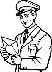 Postman delivering letter line art – vintage vibe, clean outline, white background