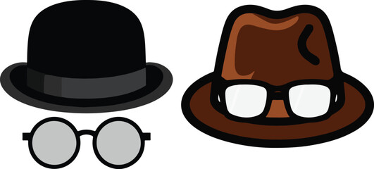 Iconic vintage hats and glasses featuring a bowler hat and a fedora with spectacles for distinctive character concepts vector
