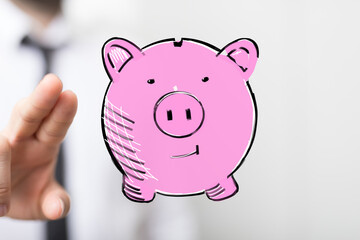 Hand protecting a drawn piggy bank.  Savings, finance, security concept.
