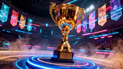 Golden Trophy on Illuminated Stage with Banners and Crowd Background - Powered by Adobe