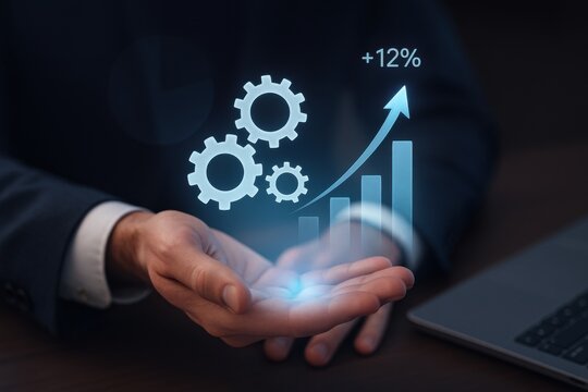 Businessman presenting 12 percent growth with digital gears and bar chart over dark background
 - Powered by Adobe