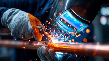 Skilled welder working on copper pipe under bright sparks at a workshop in the afternoon