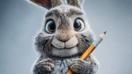A friendly, animated rabbit holding a pencil with a gray background