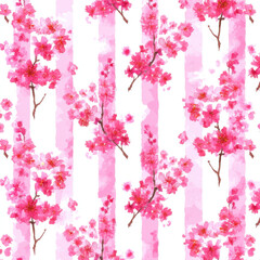 Pastel Cherry Blossom Petals Seamless Pattern on Striped Background