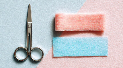 Polished stainless scissors with peach gauze strip and blue felt strip in sharp foreground on pastel textured backdrop with diagonal split, flat lay top view, minimalist healthcare concept