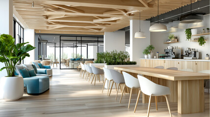 Fototapeta premium Modern Office: Stylish interior featuring wooden ceiling design, sleek furniture, and bright lighting. Workspace with plants.