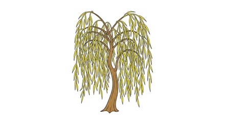 Illustration of weeping willow tree with leaves and brown trunk art