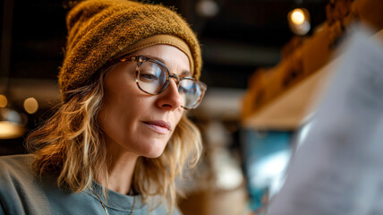 Woman with glasses reads in a warm, ambient space, enjoying the moment, possibly a cafe or library with soft lighting.