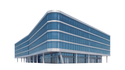 Modern architectural office building with sleek glass facade and curved design