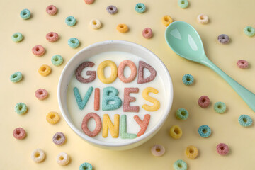 Top view of a white bowl filled with milk and colorful cereal letters spelling out the phrase ‘GOOD VIBES ONLY’.