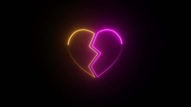 Neon broken golden and pink heart icon animation in 4k on black background. Broken heart animation. Concept of unrequited love broken heart neon sign animation.